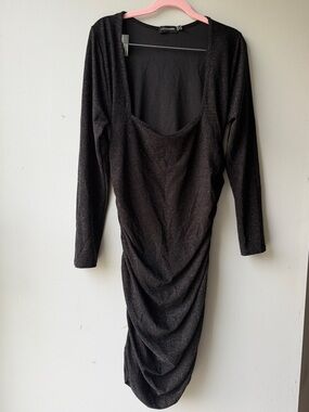 PrettyLittleThing Black Silver Sparkle Ruched Long Sleeve Dress Size 14